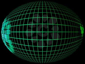Green abstract globe silhouette with meridians grid in darkness.Digitally generated image.