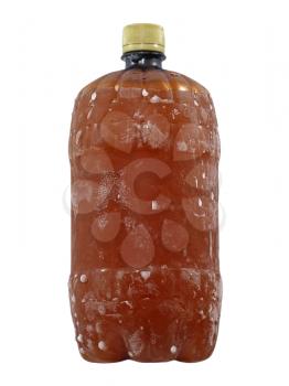 Frozen brown bottle taken closeup isolated on white background.