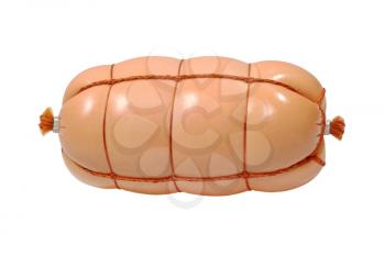 Appetizing sausage taken closeup isolated on white background.