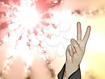 Man hand showing the victory sign on abstract background.Digitally generated image.