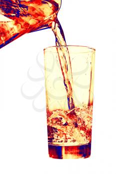 Jug pouring pink liquid to glass on white background.Digitally generated image.