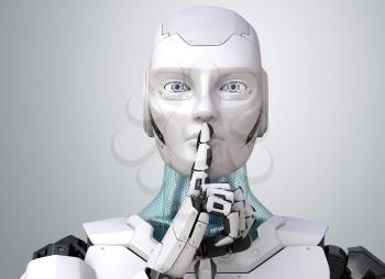 Robot with finger on lips asking for silence. 3D illustration