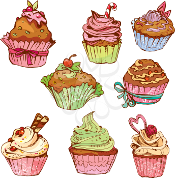 set of decorated sweet cupcakes - elements for cafe, menu, birthday design, etc.