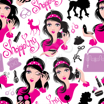 Seamless pattern for fashion Design, glamor lovely girls using different tools to apply make-up and accessories.