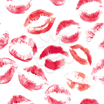 Seamless pattern with beautiful red colors lips prints on white background.