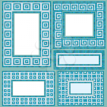 Set of vertical and horizontal rectangular frames with mosaic pattern - Blue ceramic tiles - classical geometric ornament. 
