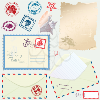 Postcard, envelope and paper with Retro nautical Stamps - for design and scrapbook