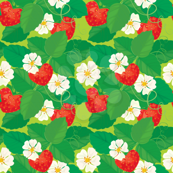 Seamless pattern with Strawberries in heart shapes with flowers and leaves. 