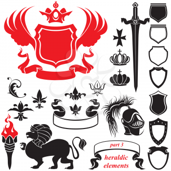 Set of heraldic silhouettes elements - icons of blazon, crown, lion, ribbon, torch, sword, helmet, fleur de lis