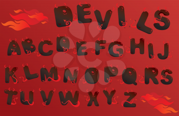 Alphabet with funny demons letters and fire