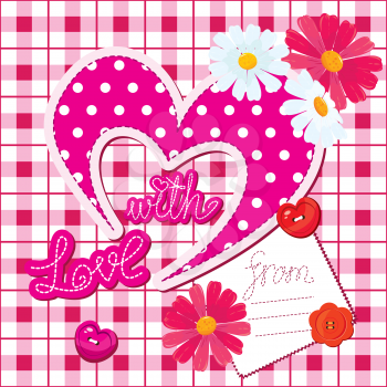 Romantic Card with heart and flowers on checked background
