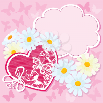 Heart and daisies on a pink background with butterflies. valentine card