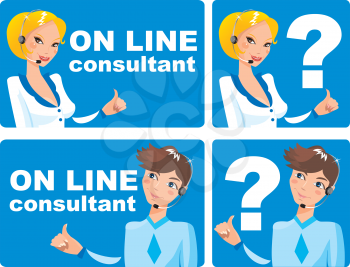 collection of web icons and buttons - on line consultant - man and woman