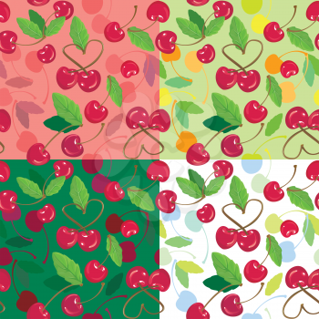Red cherries with green leaves on green, pink, white backgrounds. A seamless background