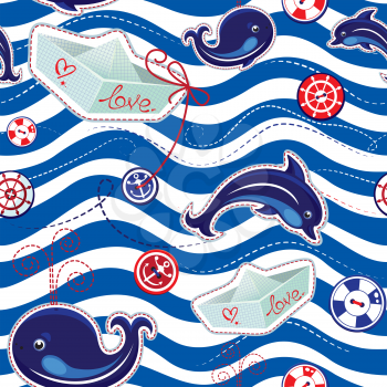 Seamless sea pattern with dolphins, whales, paper ships and buttons on stripe background