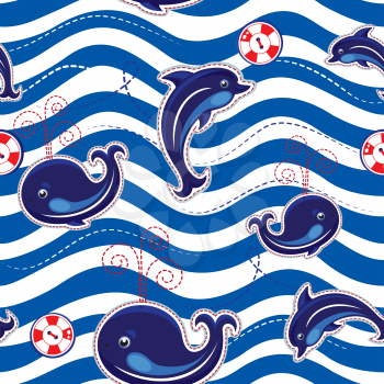 Seamless sea pattern with dolphins, whales and buttons on stripe background.