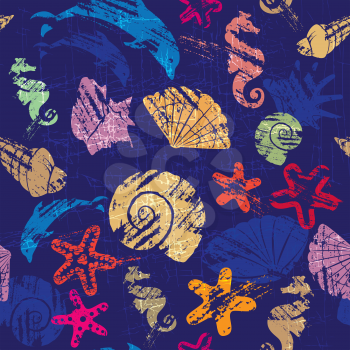 Seamless background with Marine life - pattern with shells, seahorses, dolphins, sea stars