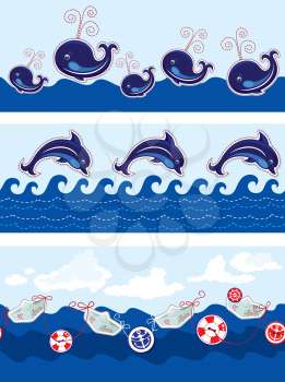 Set of Seamless sea borders with dolphins, whales, paper ships and buttons