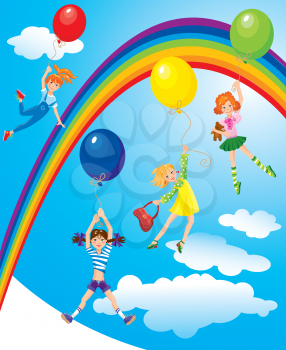 cute girls flying away on balloons on sky background with rainbow