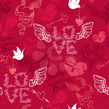 Valentines Day seamless pattern with hand drawn hearts, keys and birds on red background. 