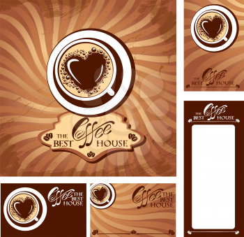 Template designs of menu and business cards for cofee house. Background for restaurant or cafe menu. 