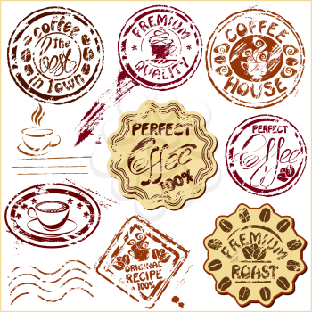 Collection of design elements - coffee cups icons, stylized sketch symbols and hand drawn calligraphic texts - postmarks - cafe or restaurant postage set. 