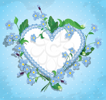 Bouquet of beautiful forget me not flowers and lace heart on blue polka dot background. Design  for Valentines Day, Birthday or Wedding card.