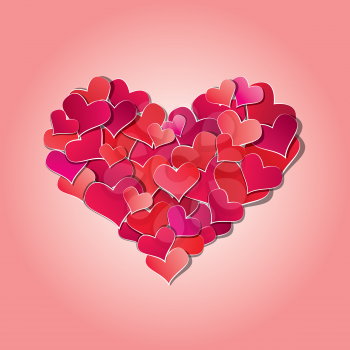 Valentine's day or Wedding background with Red hearts confetti in big heart shape. 