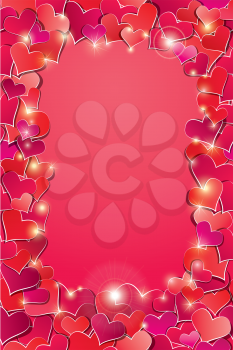 Valentine's day or Wedding background with Red hearts confetti. Vertical holidays frame.