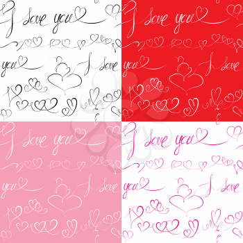 Set of Seamless patterns with hand drawn hearts and text: I love you. Valentine's day or Wedding backgrounds.