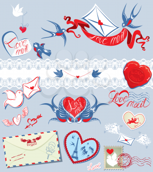 Collection of love mail design elements - birds, envelops, hearts, calligraphic text LOVE MAIL - Valentine`s Day or Wedding postage set. 