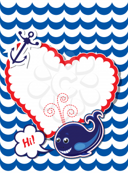 Funny Card with whale, anchor and empty frame for text on stripe background