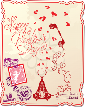 Holiday card with hand written text Happy Valentine`s Day with retro telephone, hearts and stamp in vintage style. 