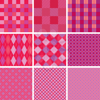 Set of plaid seamless patterns in pink colors for girls
