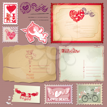 Set of vintage postcards and post stamps for Valentines Day design.