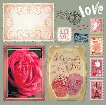 Set of vintage postcards with a beautiful hand drawing roses and post stamps for Valentines Day design.
