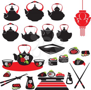 Set of asian food icons - teapot, sushi.