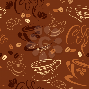 Seamless pattern with coffee cups, beans, croissant, calligraphic text COFFEE. Background design for cafe or restaurant menu.