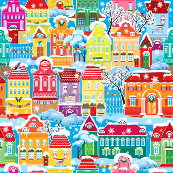 Seamless pattern with decorative colorful houses in winter time. Christmas and New Year holidays City endless background. 