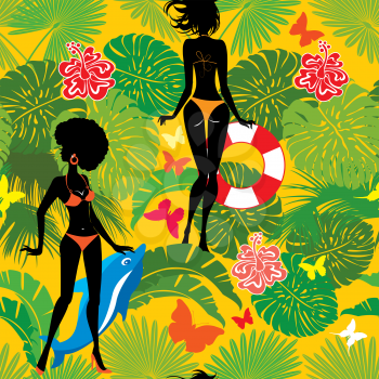 Seamless pattern with Woman silhouette in bikini swimwear at tropical beach with palm tree leaves and butterflies. Background for summer or travel design. Ready to use as swatch.