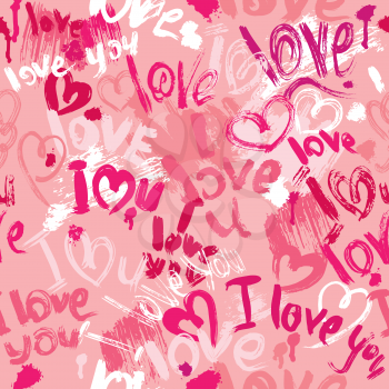 Seamless pattern with brush strokes and scribbles in heart shapes and words LOVE, I LOVE YOU - Valentines Day Background.