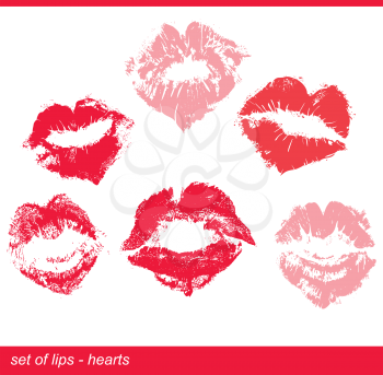 Set of beautiful red lips in heart shape print on isolated white background