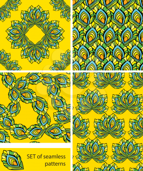 Set of Seamless patterns - ornaments are made of peacock feathers in yellow background. Ready to use as swatch.