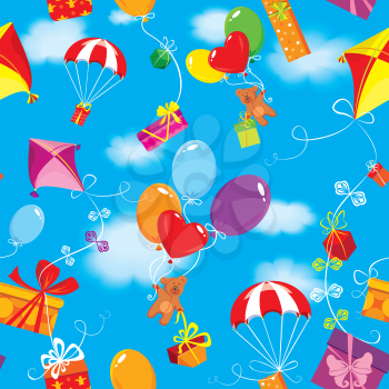 Seamless pattern with colorful gift boxes, presents, balloons, kite, parachute and teddy bears on sky blue background with clouds.