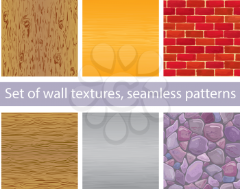 Set of different wall textures - wood, silver and  gold metal, brick, stones - seamless patterns