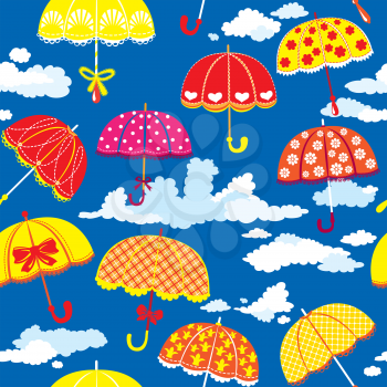 seamless pattern with colorful umbrellas and clouds on blue background