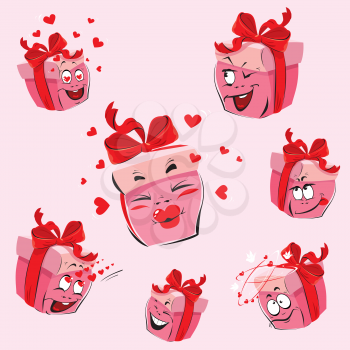 Set of pretty pink gift boxes cartoons with different expressions and  emotions. Design for love card and Valentines Day