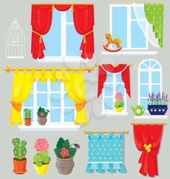 Set of windows, curtains and flowers in pots. Elements for interior design.