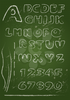 ABC - English alphabet written on a blackboard in white chalk - Handwritten grunge  letters and numerals