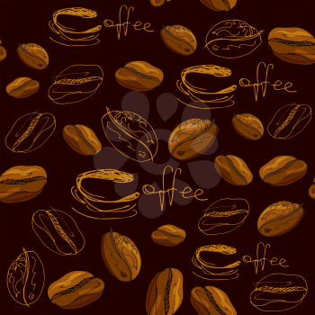 Seamless pattern with handdrawn coffee cups, beans, calligraphic text COFFEE. Background design for cafe or restaurant menu.